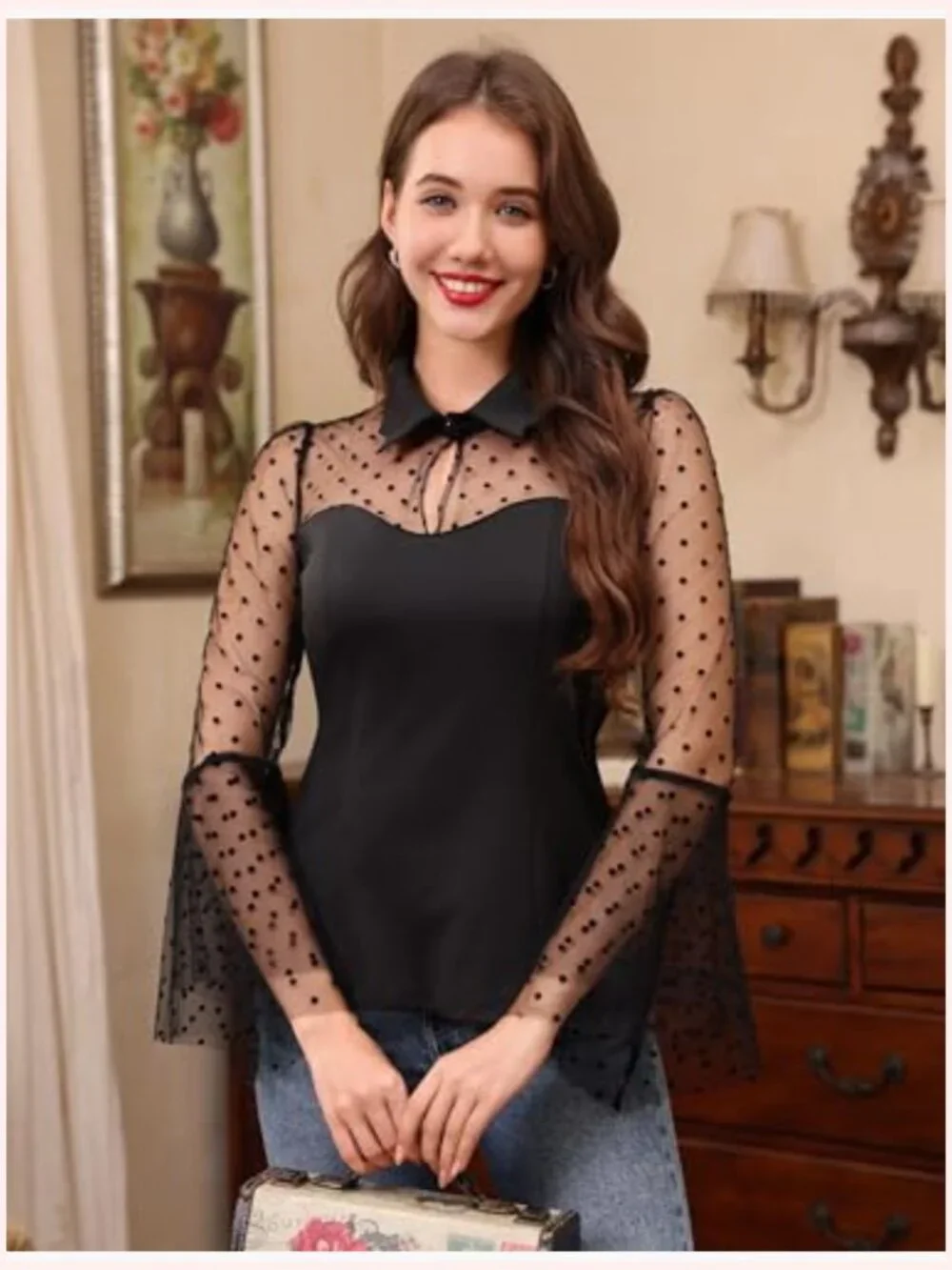 Vintage Gothic Bell Sleeve Blouse Sheer Mesh Top Women Halloween Punk Shirt - Picture 3 of 6